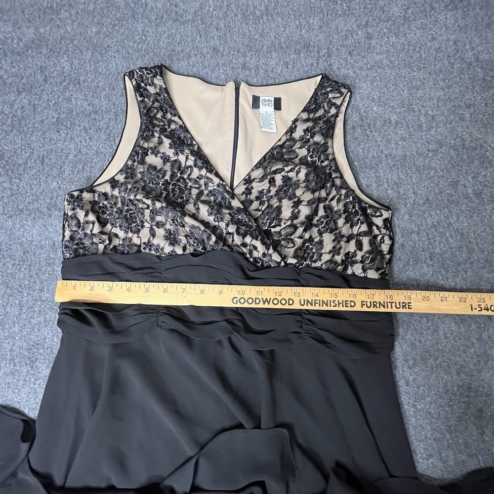 Studio 1940 Midi Dress Womens 16 Black Lace Beaded Ruched Cocktail Evening Party - Picture 9 of 12